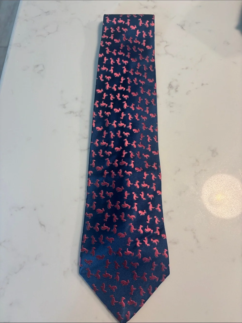Charvet Navy Silk Tie with Pink Seahorse Motif